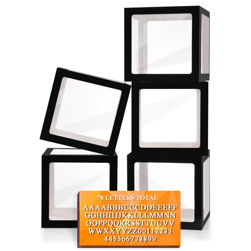 Ledido Black Transparent Balloon Boxes With 78 Letters Letter Box for Baby Shower Clear Baby Box Black Balloon Boxes for Birthday Bridal Shower Graduation Prom Party Decoration 5 PCS